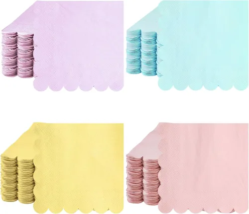 Qilery Paquete de 100 servilletas de cóctel en colores pastel, estilo bohemio, con bordes festoneados, de papel arcoíris, desechables, a granel, de
