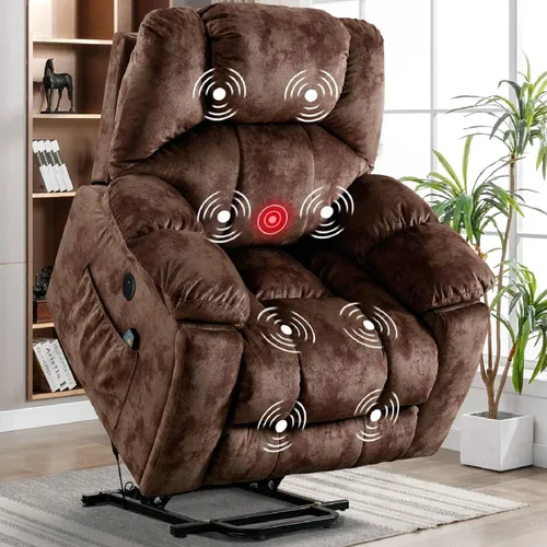 CANMOV Sillón reclinable grande de elevación eléctrica con masaje y calor para personas mayores, con puerto USB, 2 portavasos ocultos (marrón Camel