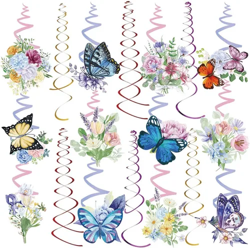 Decoraciones colgantes de primavera para el hogar, remolinos colgantes de flores de mariposa, 30 piezas de serpentinas colgantes de techo,