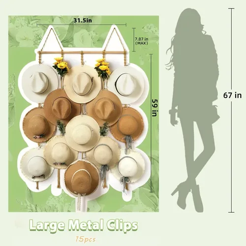 Miniatura 3 de Organizador de Sombreros de Macramé para Pared 15 Clips 31x53 Pulgadas Colgadores Grandes Exhibidor para Sombreros Fedora para Soporte de Sombreros