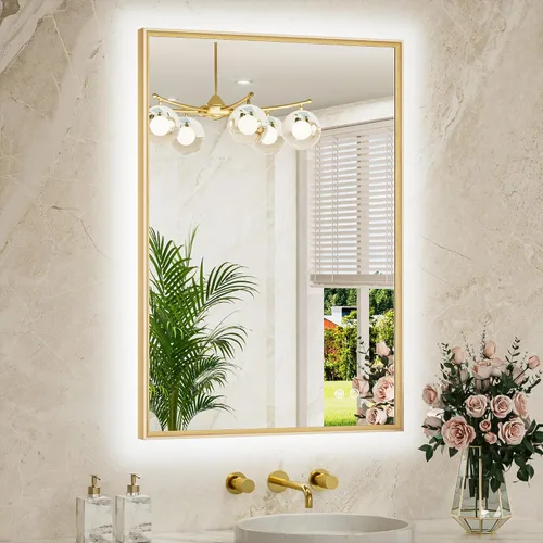 TETOTE Espejo de Baño Retroiluminado de 24 x 36 pulgadas, Marco de Metal Dorado Cepillado, Luz LED, Tocador, 3 Colores Blanco/Cálido/Natural, Oro