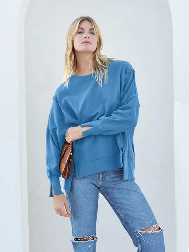 Miniatura 7 de MEROKEETY Sudadera holgada casual de manga larga tipo farol para mujer, cuello redondo, abertura lateral, 2023