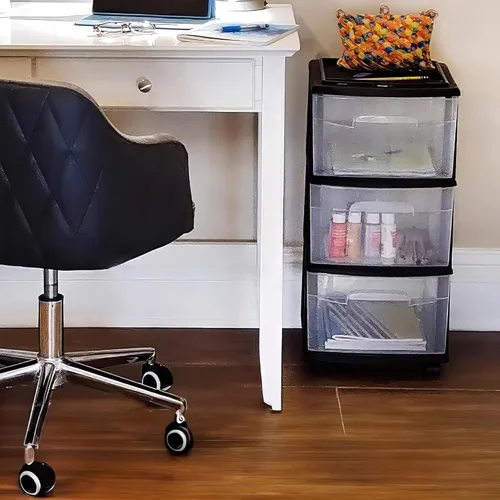 Miniatura 2 de HOMZ Paquete de 2 torres de cajones, carrito organizador de almacenamiento de plástico transparente de 3 niveles, marco negro - Contenedores