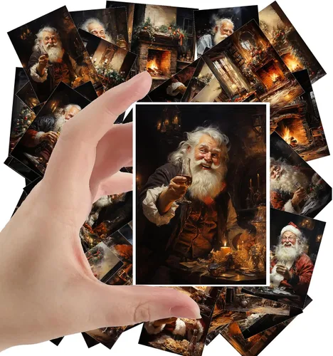 Calcomanías grandes, 24 piezas (2.5 x 3.5 pulgadas cada una) Jolly Festive Santas por The Warm Fireplace Postales de Navidad Vintage Tarjetas de