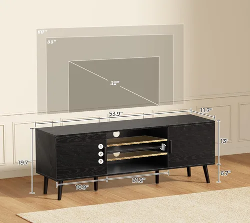 Miniatura 3 de SUPERJARE Soporte de TV para TV de 55 pulgadas, centro de entretenimiento con estante ajustable, 2 gabinetes, mesa consola de TV, consola