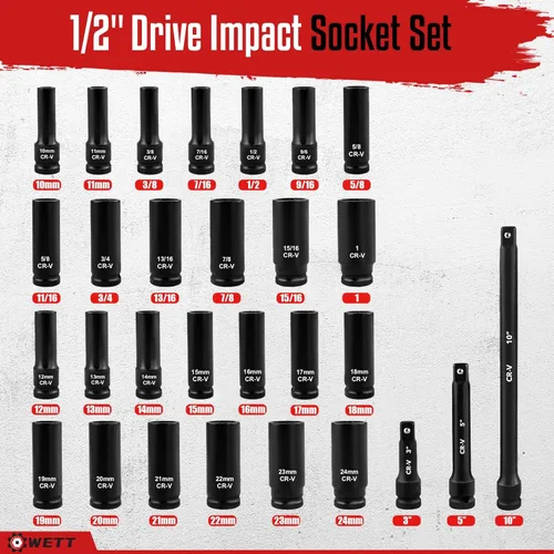 Miniatura 2 de WETT Juego de llaves de impacto de 1/2 pulgada con 29 piezas de estrías profundas con barra de extensión, acero Cr-V, SAE y métrico, 6 puntas
