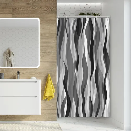 Miniatura 3 de Cortina de ducha moderna de rayas abstractas negras, blancas y grises, cortina de ducha para decoración de baño geométrica, impermeable, decorativa