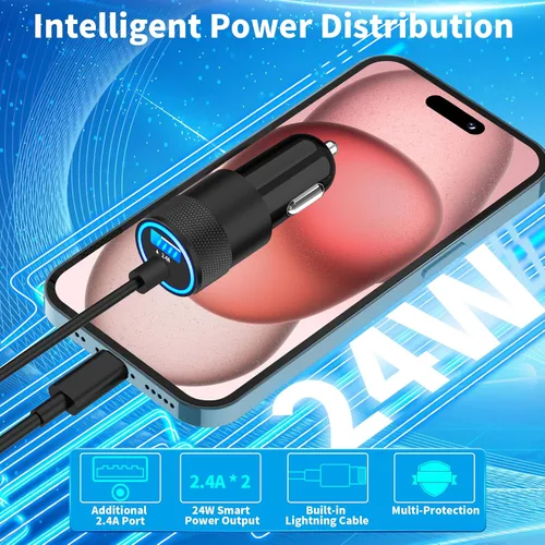 Miniatura 4 de 【Certificado MFi】Cargador rápido para iPhone de 4.8 A, cargador de coche USB dual Caiinei de 4.8 A, carga rápida, cable Lightning integrado de 6