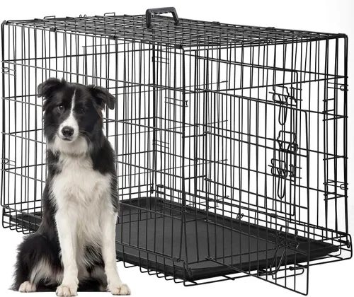 Miniatura 12 de FDW Jaula para perros con doble puerta, jaula plegable de alambre de metal de 36 pulgadas con bandeja extraíble y panel divisor, jaula para mascotas