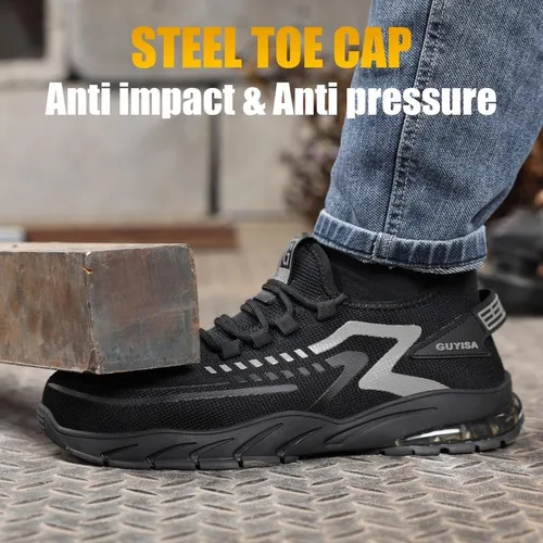 Miniatura 2 de GLANOUDUN Zapatos de punta de acero para hombre, zapatos de trabajo ligeros para hombres, zapatos de trabajo negros con punta de acero, zapatos
