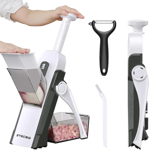 Miniatura 10 de [5 en 1] Cortadora de mandolina para cocina y picadora de verduras segura y rebanadora de mandolina ajustable, no se puede quitar, la mandolina Azul