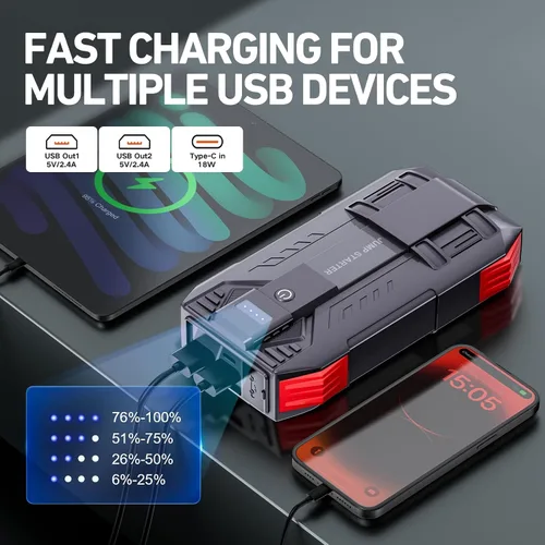 Miniatura 4 de Arrancador de Batería de Coche de 4000A, Arrancador de Coche Portátil para Motores de Gasolina de hasta 10L y Diésel de 8L, Caja de Arranque de 12V