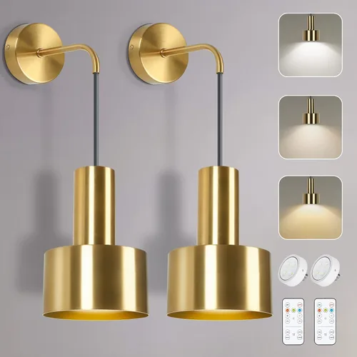 Miniatura 11 de VerRon Juego de 2 apliques de pared a pilas, luces de pared inalámbricas con control remoto, lámparas de pared regulables negras y doradas con Negro