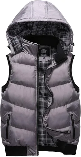 Miniatura 6 de WENKOMG1 Chaleco con capucha con doble cremallera para hombre, abrigo de color sólido, abrigo cálido y grueso, sin mangas, chaqueta suelta