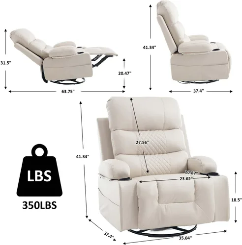Miniatura 3 de KCQ Rocker - Silla reclinable con calor y masaje, silla reclinable manual de gran tamaño con soporte para tazas, silla mecedora giratoria de piel