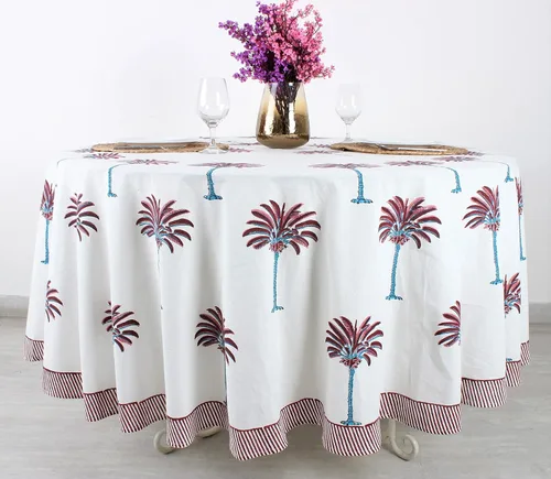 Miniatura 26 de Ridhi Mantel redondo de algodón reutilizable con estampado de bloque a mano, color verde espárragos, 60 pulgadas, mantel decorativo para uso diario