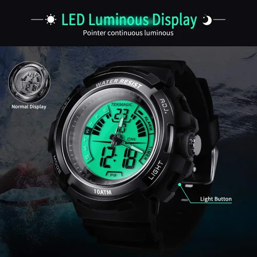 Miniatura 9 de Reloj de buceo deportivo impermeable de 100 ATM para hombres y niños, reloj de natación con cronómetro, cronógrafo, alarma, calendario, cuenta