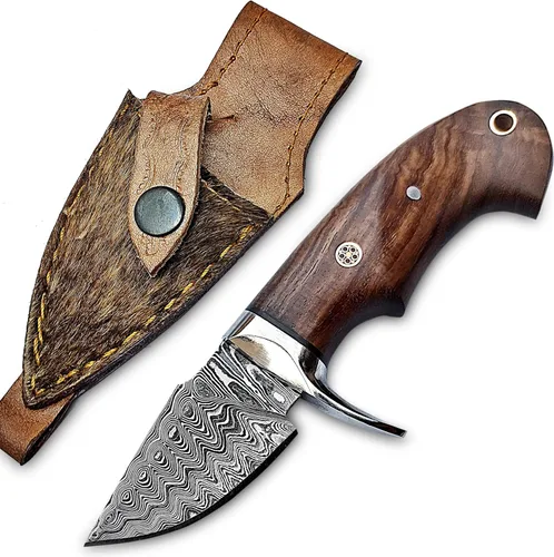 Cuchillo de Desollar para Cuello de Acero de Damasco Hecho a Mano de 6", Mango de Palisandro con Protector de Acero y Funda de Cuero, Mejor Regalo