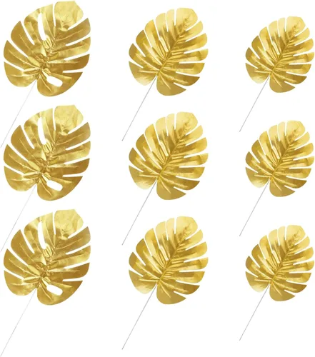 Miniatura 4 de CCINEE 24 piezas de hojas de palma artificiales doradas, 3 tamaños, hojas falsas de Monstera, simulación de hojas de safari con tallos