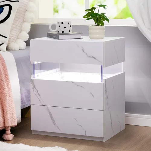 Miniatura 9 de Bingoday Moderna mesita de noche LED con 3 cajones, mesita de noche con luces LED ajustables, mesa auxiliar de almacenamiento grande para Blanco