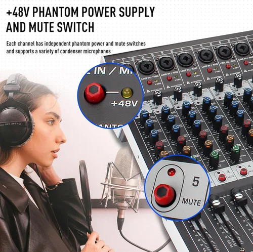 Miniatura 5 de Mezclador de audio de estudio Bluetooth de 12 canales con procesador digital DSP de 99 bits con MP3 USB para entrada de grabación de PC, conector
