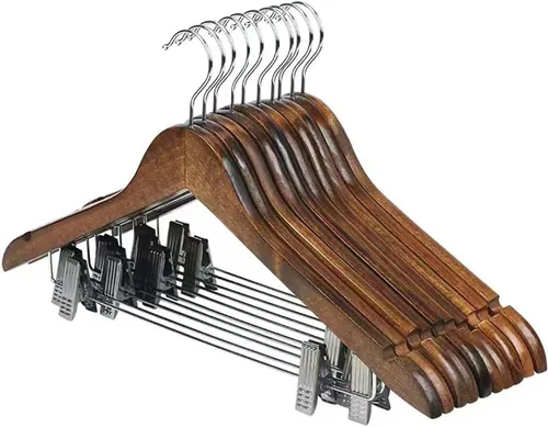 Miniatura 7 de Paquete de 10 perchas de madera con clips, perchas de madera de alta calidad para trajes, perchas para faldas con clips, colgador de madera S con 10