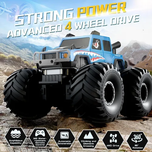 Miniatura 8 de NQD® Juguetes de Camión Monstruo, Camión RC 4x4 Impermeable con Rotación 360°, Camiones Monstruo Anfibios de Control Remoto, 2.4GHz Todo Terreno Azul
