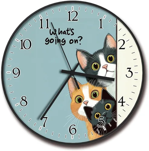 Reloj de pared de plástico de 8 pulgadas con pilas, reloj de pared redondo decorativo, reloj de pared silencioso, patrón de gato 2269-Three Cat