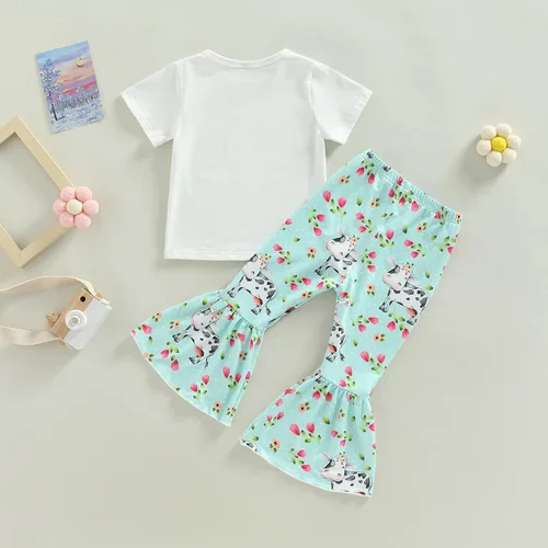 Miniatura 70 de fhutpw Conjunto de camiseta de manga corta con estampado de vaca y pantalones acampanados de dibujos animados para niñas