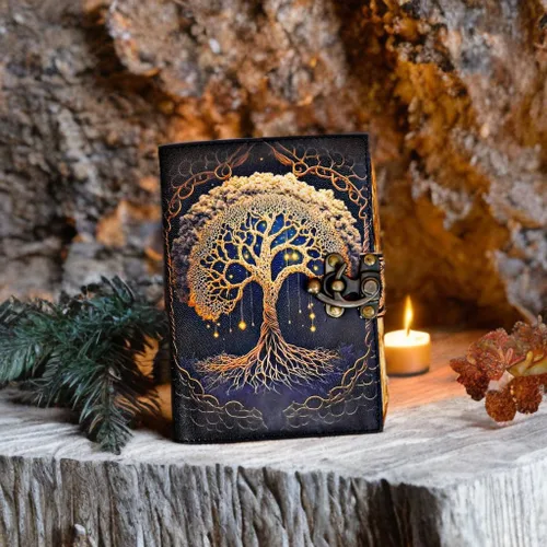 Miniatura 5 de Diario de hechizos en blanco con cierre de cerradura, diario de cuero vintage hecho a mano con árbol de la vida, diario de oración, brujería pagana