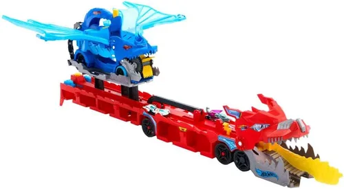 Miniatura 5 de Hot Wheels City Toy Car Track Set, Ultimate Dual Dragon Transporter y 2 autos fundidos a presión, dragón desmontable y a gran escala, almacena más