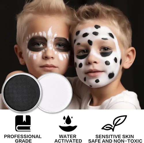 Miniatura 6 de Pintura corporal y facial negra y blanca de payaso con 3 pinceles de pintura, paleta de maquillaje SFX a base de agua para niños y adultos, pintura