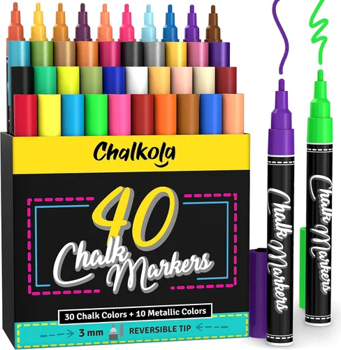 Miniatura 12 de Marcadores de tiza de punta extra fina - (punta de 1 mm, paquete de 40) neón, pastel y metálico Rotuladores de tiza líquida borrables