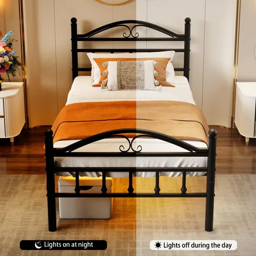 Miniatura 9 de Marcos de Cama Tamaño Twin con Estación de Carga, Marco de Cama de Plataforma de Metal Negro con Luces LED, Soporte de Listones de Acero Metal