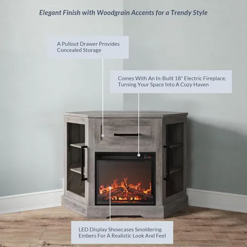 Miniatura 3 de BELLEZE Soporte de TV de esquina de 43 pulgadas con calentador eléctrico de chimenea de 18 pulgadas para televisores de hasta 43 pulgadas, moderno