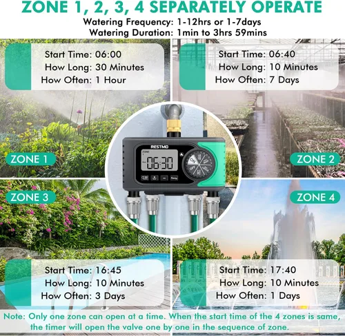 Miniatura 4 de RESTMO - Temporizador de aspersor de 4 salidas con entrada de latón, temporizador de agua programable de 4 zonas para manguera de jardín, control