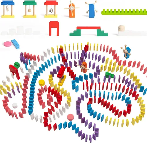 Miniatura 7 de Juego de 600 piezas de dominó para niños, bloques de construcción de dominó de madera, 6 colores a granel juegos de fichas de dominó con 26 bloques