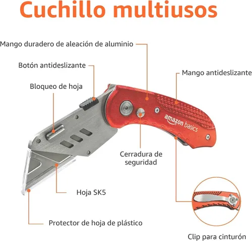 Miniatura 2 de Amazon Basics Cuchillo utilitario plegable, cuerpo de aluminio ligero, rojo