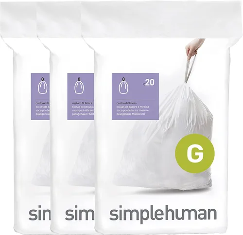 simplehuman Code G Bolsas de basura con cordón de ajuste personalizado en paquetes con dispensador, 30 litros/8 galones, color blanco, 60 unidades