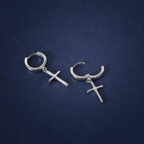 Miniatura 7 de Aretes de cruz de plata de ley 925, delicados aretes de aro para mujeres y hombres