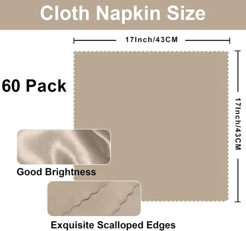 Miniatura 2 de SiinvdaBZX 60 servilletas de tela beige con bordes festoneados, 17 x 17 pulgadas, servilletas cuadradas de satén de poliéster suave y sedoso