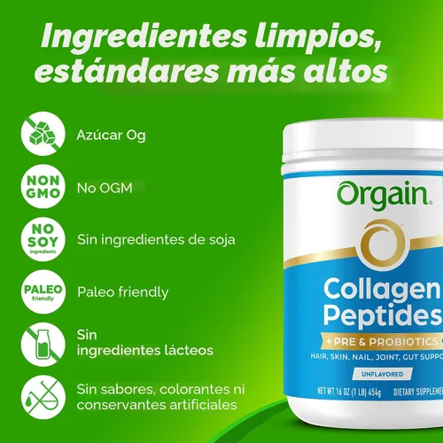 Miniatura 6 de Orgain - Péptidos de colágeno hidrolizado + Polvo de prebióticos y probióticos para mujeres y hombres, 20 g de colágeno alimentado con pasto, 1 mil