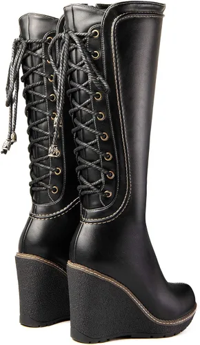 Miniatura 4 de ANN CREEK Botas de cuña de encaje a media pantorrilla 'Camux' Stitches color negro, Negro