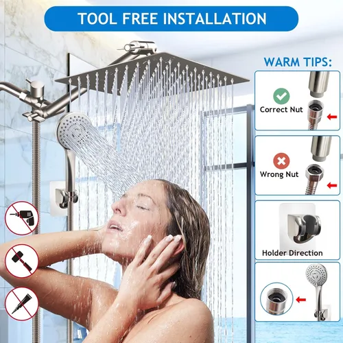 Miniatura 6 de Combo de cabezal de ducha (níquel cepillado), cabezal de ducha de lluvia de alta presión de 10 pulgadas con brazo de extensión ajustable de 11