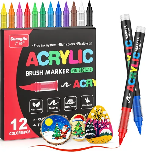 JRQ 12 colores marcadores de pintura acrílica, marcadores de pintura con punta de pincel acrílicos con tinta impermeable de larga duración para