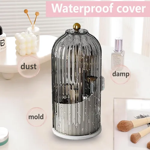Miniatura 5 de Organizador de brochas de maquillaje con tapa giratoria de 360 grados, transparente, a prueba de polvo, diseño de 3 compartimentos, organizador