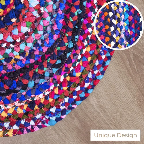 Miniatura 3 de RAJRANG Alfombra ovalada trenzada a mano de 2 x 3 pies, multicolor, bohemio, reversible, rústica, de algodón, alfombra Chindi geométrica