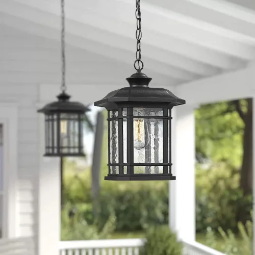 Miniatura 5 de Emliviar A2202110D1 - Lámpara colgante de 14 pulgadas para exteriores con acabado negro con cristal sembrado, moderno