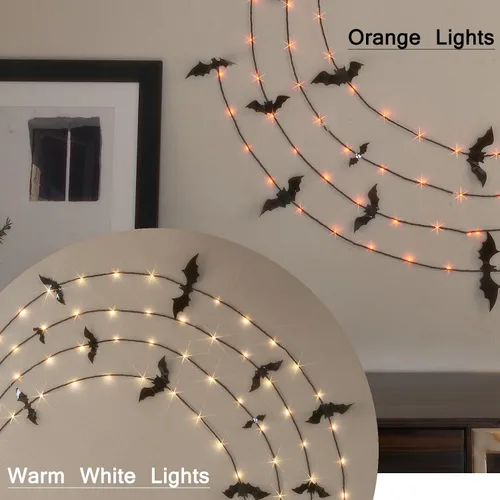 Miniatura 3 de LITBLOOM Guirnalda de Halloween con luces de 6 pies, 80 luces de hadas naranjas y blancas cálidas, guirnalda negra iluminada, funciona