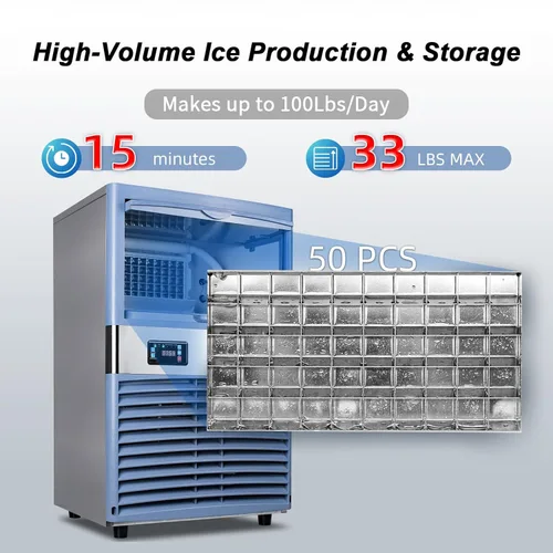 Miniatura 2 de Máquina de hielo comercial de 100 libras/24 horas, máquina de hielo debajo del mostrador con almacenamiento de 33 libras, máquina de hielo de pepita